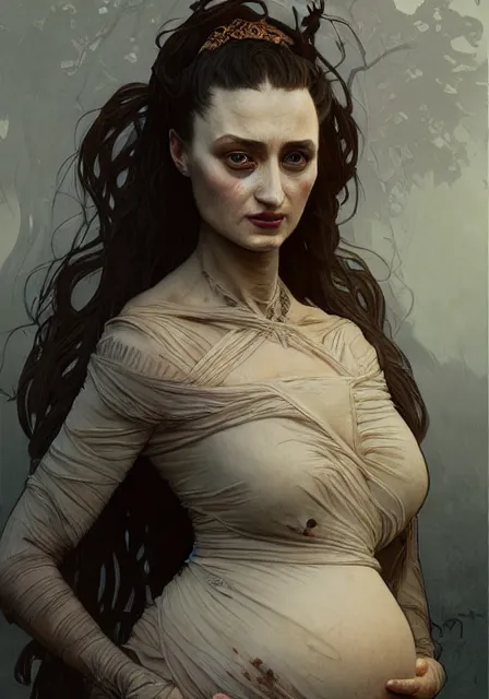 Image similar to sansa pregnant mummy zombie, intricate, elegant, highly detailed, digital painting, artstation, concept art, smooth, sharp focus, illustration, art by artgerm and greg rutkowski and alphonse mucha and william - adolphe bouguereau