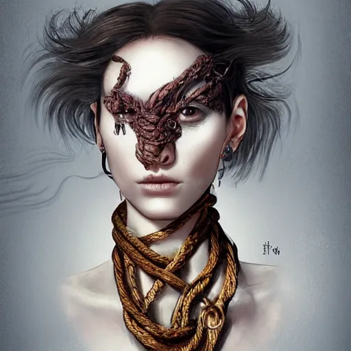 Image similar to portrait of a Shibari rope wrapped face and neck, headshot, insanely nice professional hair style, dramatic hair color, digital painting, of a old 15th century, old cyborg merchant, amber jewels, baroque, ornate clothing, scifi, realistic, hyperdetailed, chiaroscuro, concept art, art by Franz Hals and Jon Foster and Ayami Kojima and Amano and Karol Bak,