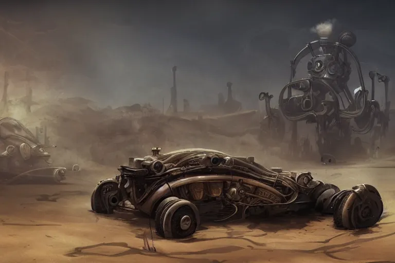 Prompt: a steam powered robot car, out in the desert, fantasy, dark, steam punk , artstation, concept art, smooth, sharp focus, illustration,