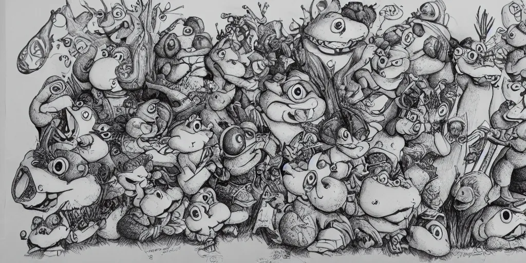 Prompt: an ultra - detailed pen drawing of smurfettes, eyes and toads. - n 6