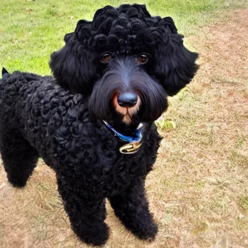 Prompt: black goldendoodle dog, wearing pimp suit