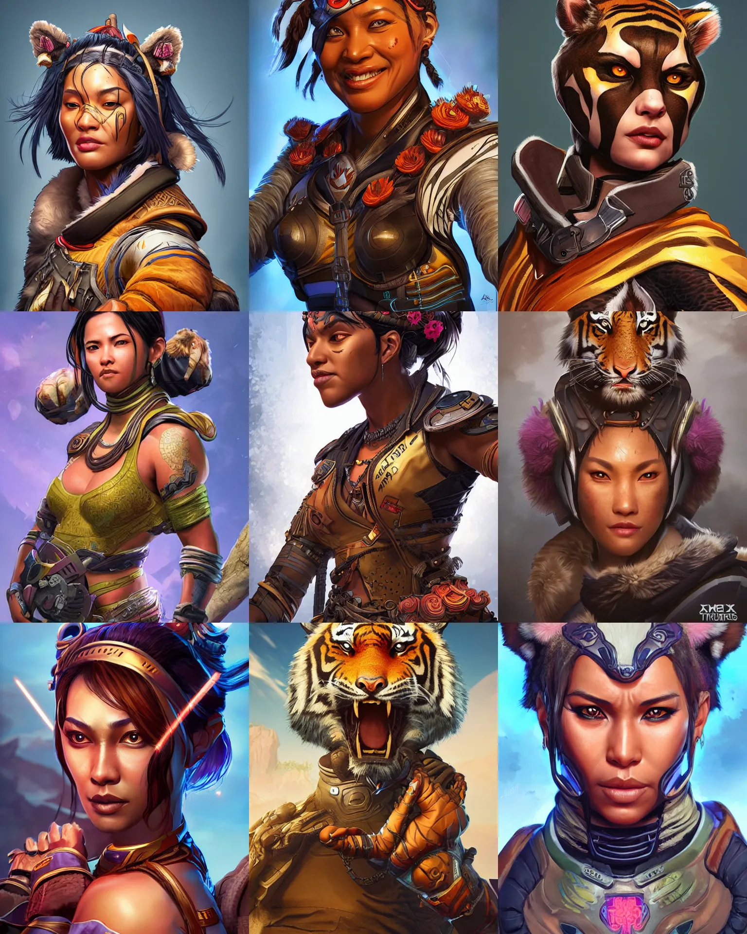 Prompt: The Tiger Queen as an Apex Legends character digital illustration portrait design by, Mark Brooks detailed, soft lighting