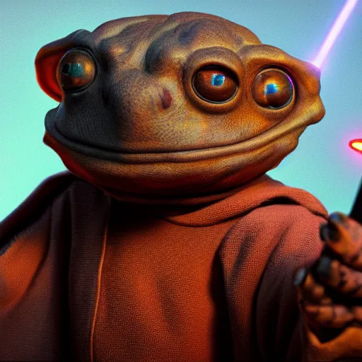 Prompt: a highly detailed Jedi toad with light saber, artstation, DeviantArt, professional, octane render, sunset lighting