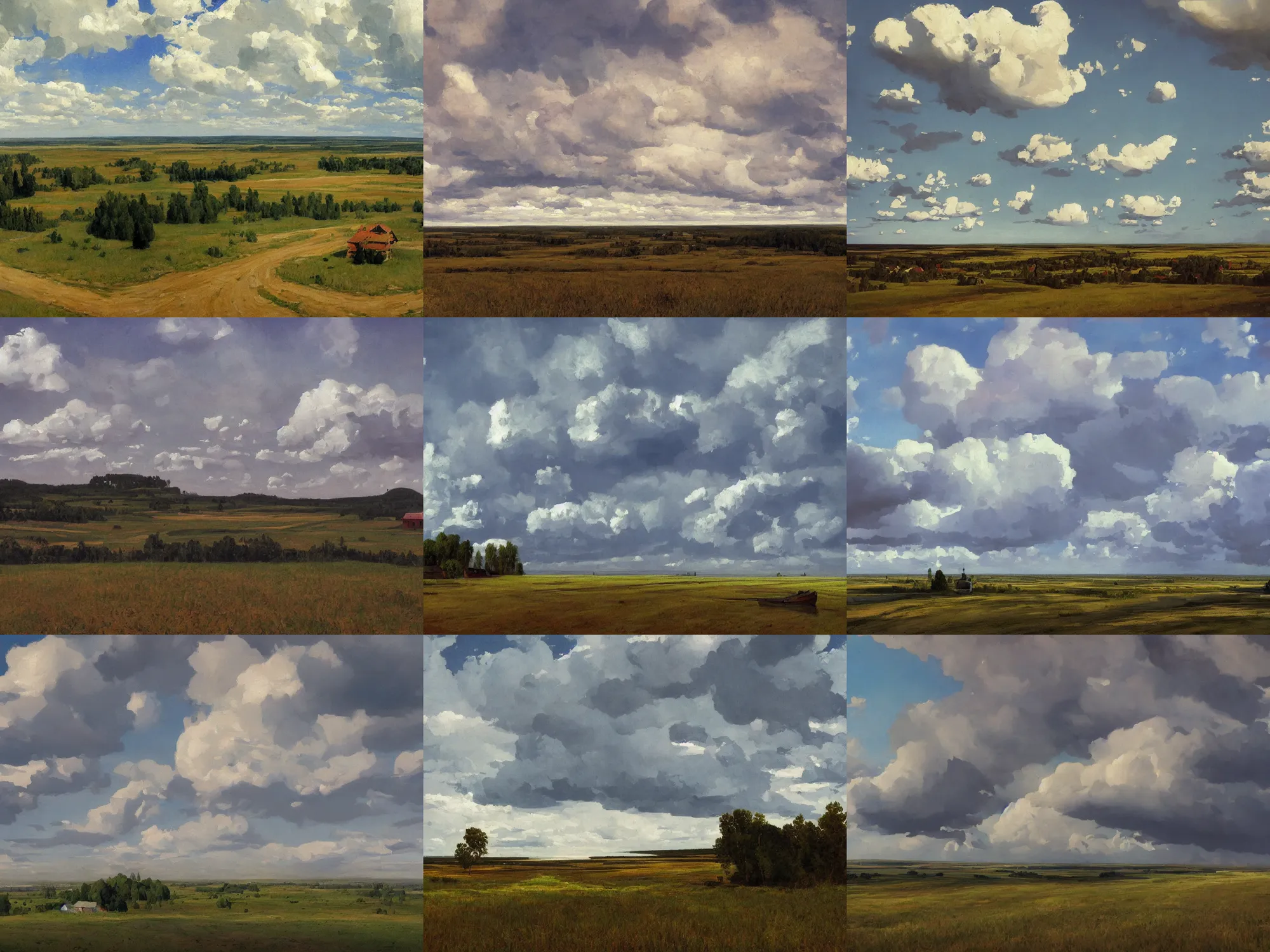 Prompt: painting in the style of Isaac Levitan, Savrasov, arkhip kuindzhi, T Allen Lawson and Ian Fisher and sidney richard percy, wide river and tiny house on the top of the hill, dream heavenly cloudy sky, horzon, stromy clouds, volumetric lighting, very beautiful scenery, pastel colors, ultra view angle view