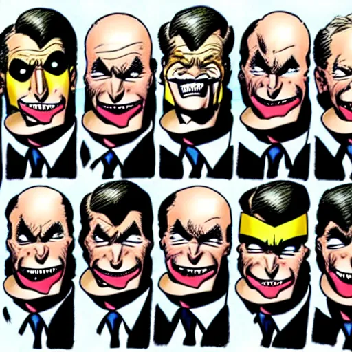 Prompt: drawing of 1 4 tiny jokers all in the mouth of gotham city's finest investigative reporter jack ryder, 4 k art by brian bolland, graphic novel art