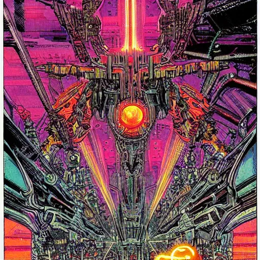 Prompt: cybernetic anomaly by Philippe Druillet, bright tones