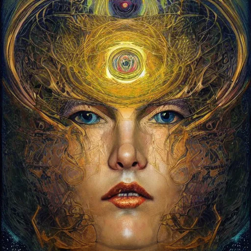 Image similar to Divine Chaos Engine by Karol Bak, Jean Deville, Gustav Klimt, and Vincent Van Gogh, beautiful visionary face portrait, sacred geometry, mystic, otherworldly, fractal structures, ornate gilded medieval icon, third eye, spirals