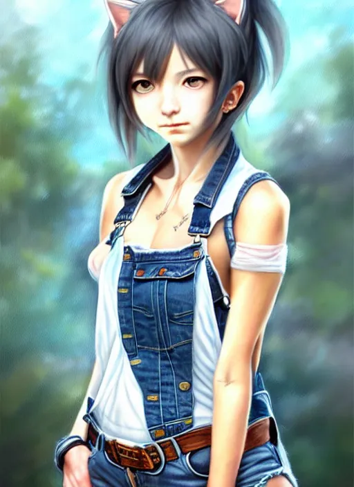 Image similar to a portrait of catgirl wearing white vest, and denim shorts an ultrafine detailed painting, detailed painting, detailed eyes!!, final fantasy