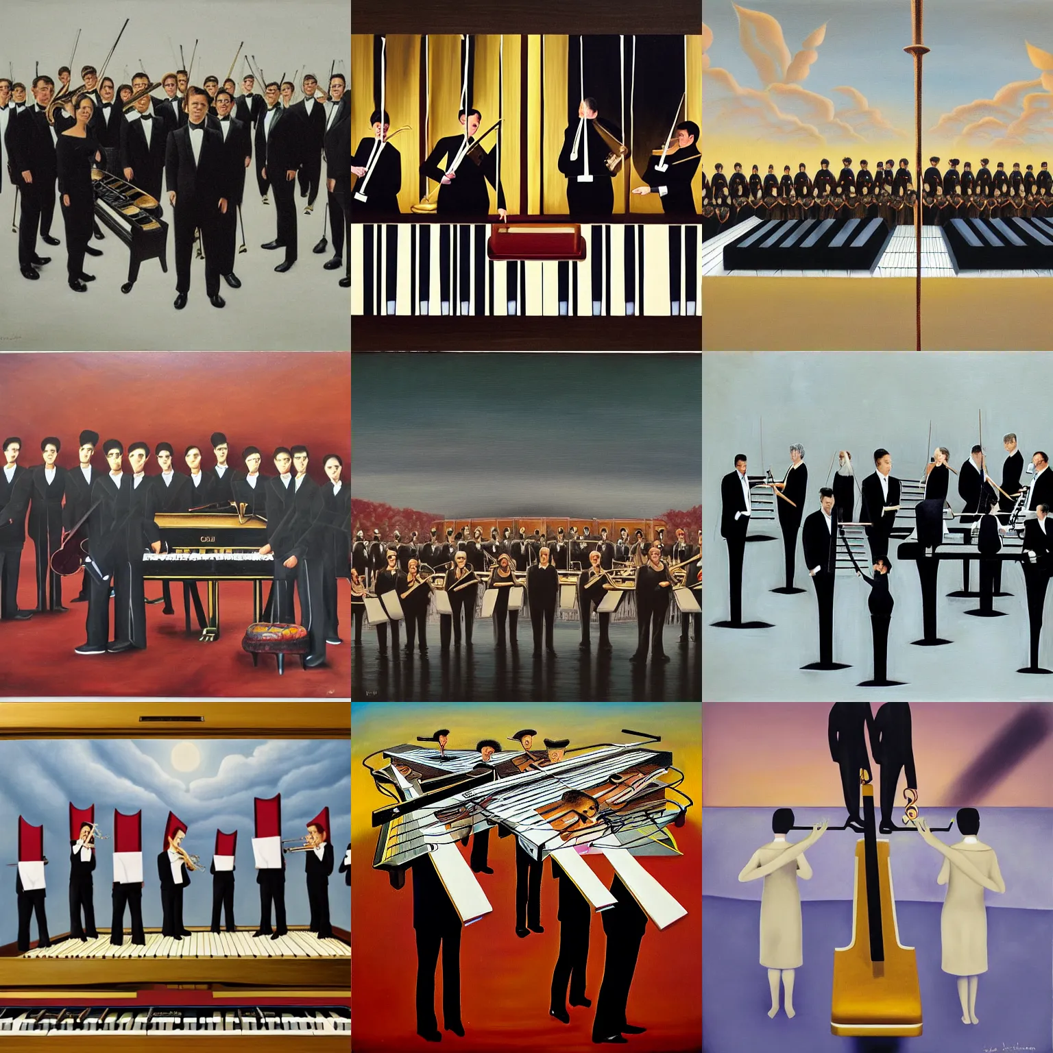 Prompt: surrealist painting of orchestra members standing on floating piano keys