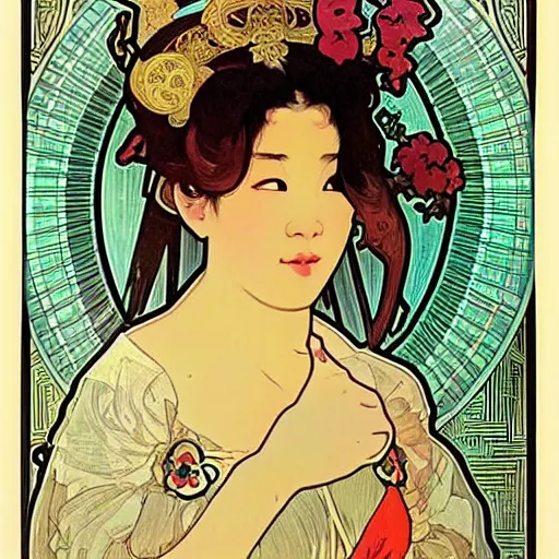 Image similar to beautiful women with oriental faces, character portrait, sharp, art by alphonse maria mucha