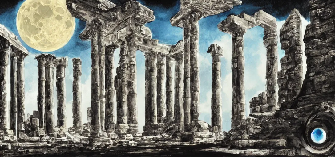 Prompt: The ruins of the Silver Millennium on the moon from Sailor Moon, digital painting, planet Earth in the distance, Greek-esque columns and ruins, black sky