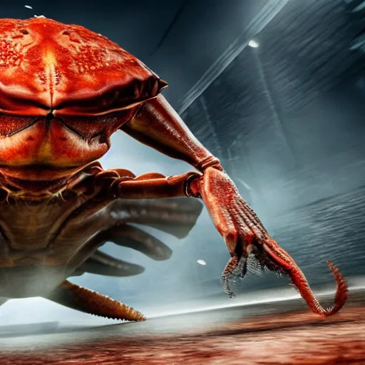 Image similar to harry potter boxing against a giant crab, cinematic shot, realism, 4 k, award winning photograph