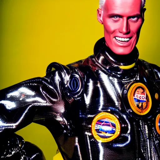 Image similar to uhd candid photo of max headroom wearing a spacesuit, glowing, global illumination, studio lighting, radiant light, detailed, correct face, elaborate intricate costume. photo by annie leibowitz