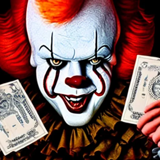 Image similar to Pennywise the clown wearing a suit and holding a banknote in his hands, full body shot, highly-detailed