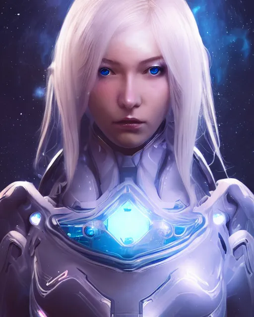 Image similar to perfect android girl on a mothership, warframe armor, beautiful face, scifi, futuristic, galaxy, nebula, raytracing, dreamy, long white hair, blue cyborg eyes, sharp focus, cinematic lighting, highly detailed, artstation, divine, by gauthier leblanc, kazuya takahashi, huifeng huang