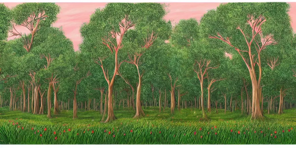 Prompt: a beautifully detailed painting of an inexplicably magical grove of supernaturally tall apple trees that stretch and twine upwards forming a vast colonnade of trunks that stretch out in rows far into the distance, rolling valley of lush green grass, transluscent leaves cresting canopy set alight with a fragile evening sunlight that refracts off a sea of apples brushed pink and red with exposure, by frank lloyd wright and greg rutkowski and ruan jia, trending on artstation deviantart, 8K