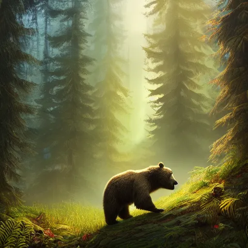 Image similar to a realistic fearful bear, beautiful, proportionate, atmosphere, vibe, forest, fern, flowers, concept art illustration, color page, tone mapping, james jean, andrei riabovitchev, marc simonetti, digital illustration, greg rutowski, volumetric lighting, sunbeams, particles