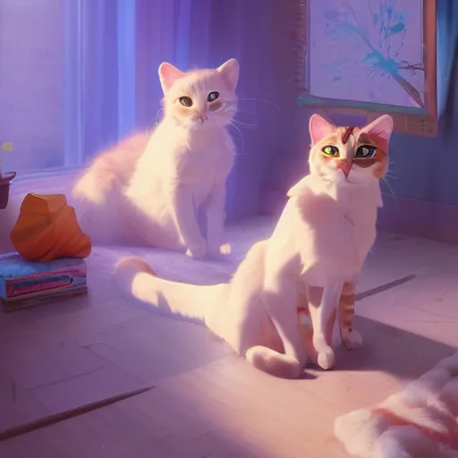 Prompt: cats in a room. animal. cat body. digital art. artstation. realistic. vibrant. illustration. in the style of pixar movie. octane render. art by makoto shinkai, stanley artgerm lau, wlop, rossdraws. volumetric lighting.