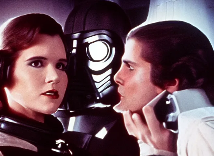 Prompt: screenshot of Han Solo dressed up as an imperial officer kissing Princess Leia Organa, iconic scene from 1970s Star Wars film directed by Stanley Kubrick, in a sci fi shipping port, last jedi, 4k HD, cinematic still frame, photoreal, beautiful portraits, moody lighting, stunning cinematography, lens flare, anamorphic lenses, kodak color film stock