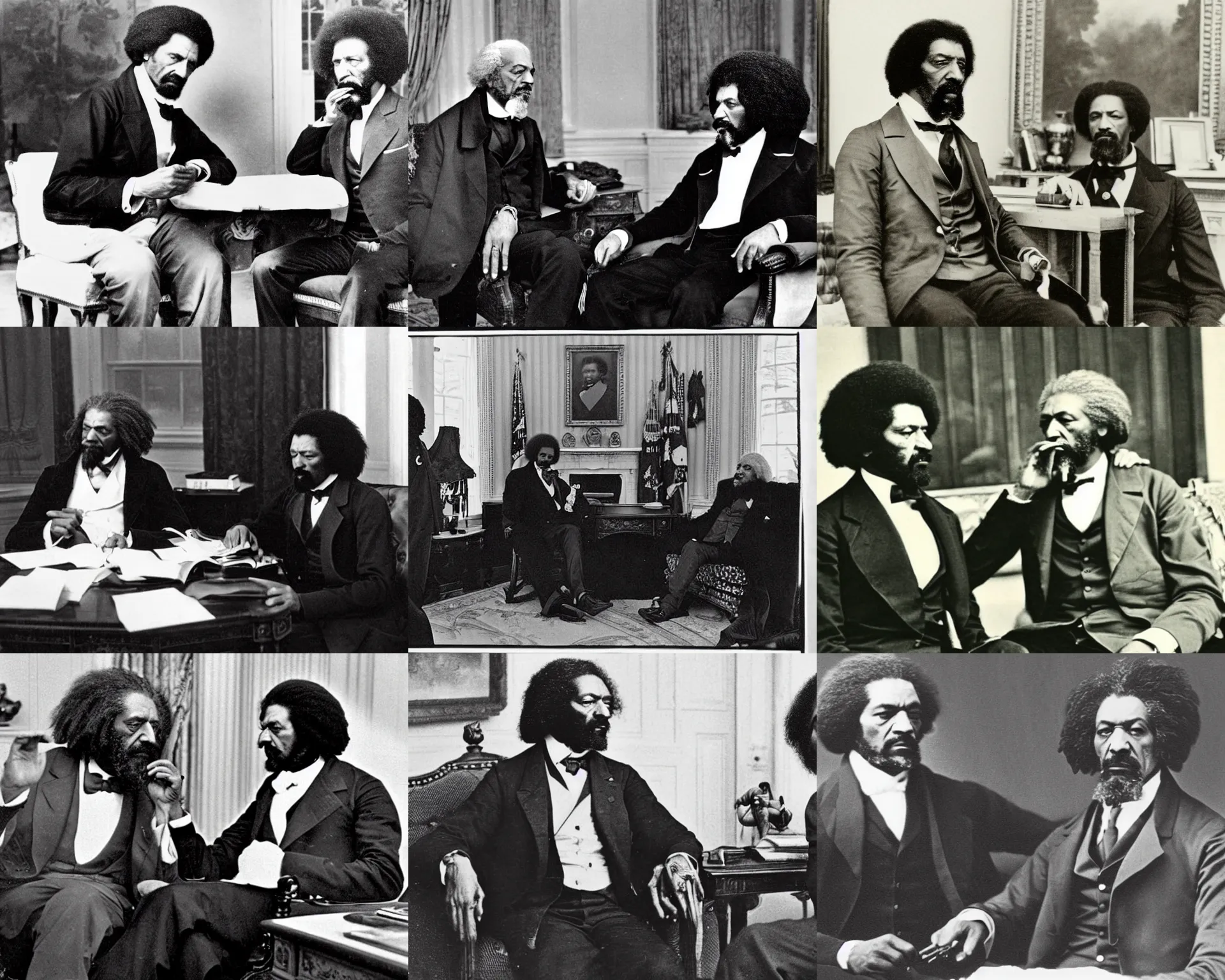 Prompt: president snoop smoking a blunt with frederick douglass in the oval office, early black and white photo, 1 8 8 4