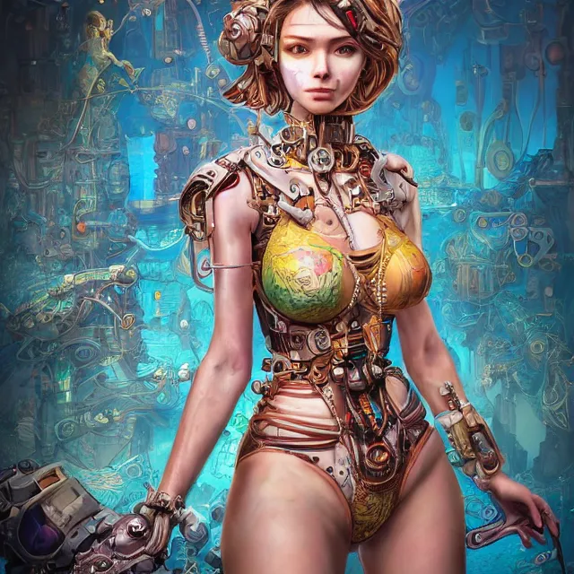 Image similar to the portrait of true neutral semi - colorful female cyborg mechanist as absurdly beautiful, gorgeous, elegant, young swimsuit model, an ultrafine hyperdetailed illustration by kim jung gi, irakli nadar, intricate linework, bright colors, octopath traveler, final fantasy, unreal engine 5 highly rendered, global illumination, radiant light, detailed and intricate environment