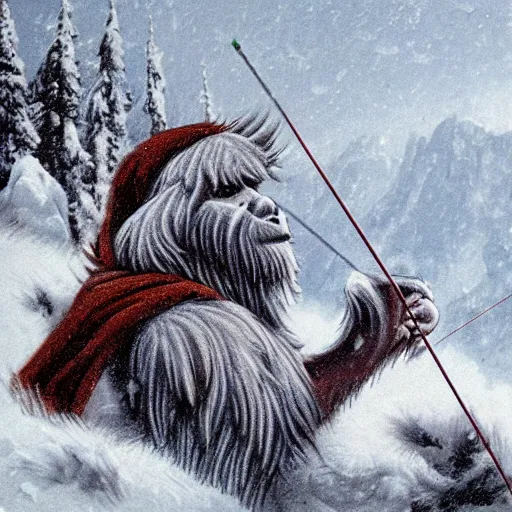 Image similar to a high detailed realistic photo of a yeti archers hunting mountain goats in a blizzard