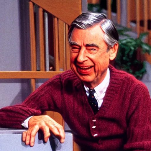 Prompt: mr rogers screaming and turning red from rage