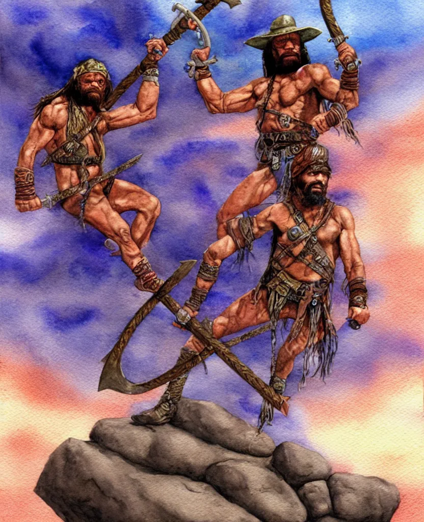 Image similar to randy savage with an anchor weapon slung over his shoulder and foot heroically on a boulder posing in desolate wasteland | fantasy watercolour painting | middle earth | conan | darksun | d & d dungeons and dragons | barbarian