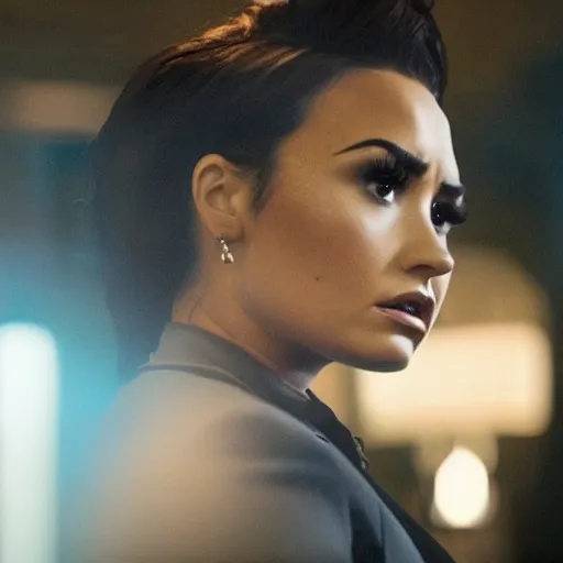 Image similar to close-up of Demi Lovato as a detective in a movie directed by Christopher Nolan, movie still frame, promotional image, imax 70 mm footage