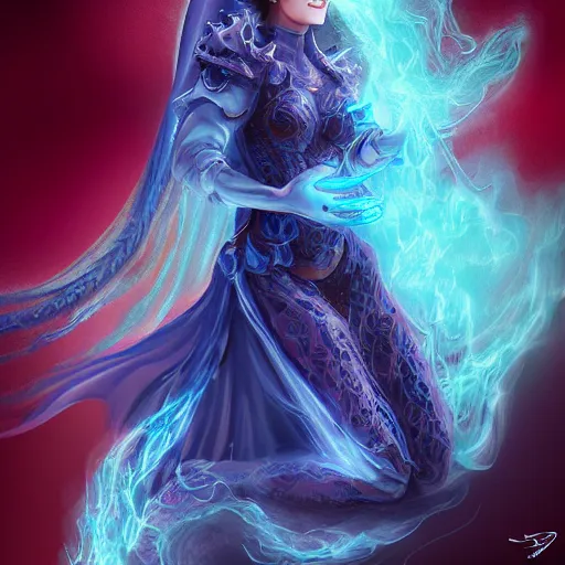 Image similar to kneeling ghostly woman presenting a beautiful blue dragon scale, digital art, trending on artstation