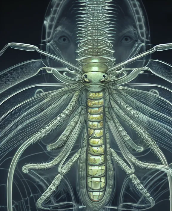 Image similar to opulent transparent clear see - through image of insects, biology, fractal, neon lights, clean medical environment, ultra realistic, concept art, art nouveau, photorealistic, octane render, 8 k, unreal engine. art by hr giger and nori inoguchi and sam kaplan and zachary goulko and christopher marley and artgerm