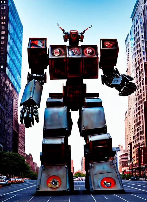 Prompt: a giant mecha robot made of stop signs in manhattan, hyper realistic, highly detailed, cinimatic, shadows, scrap, signs, 8 k, photo, movie still
