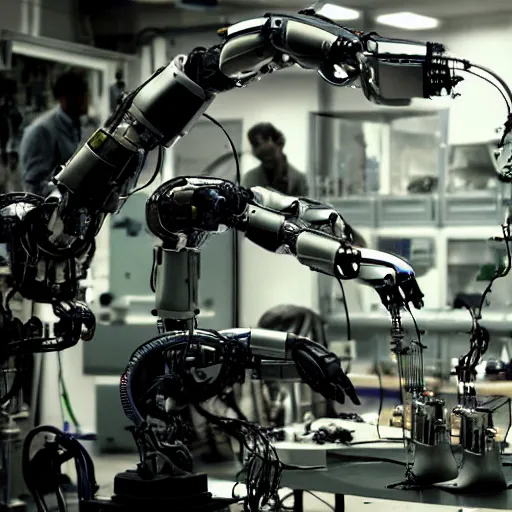 Image similar to close up shot in a cyborg repair factory, robotic arms fixing cyborgs, body parts, circuit boards, wires, biomech, by christopher nolan, panavision