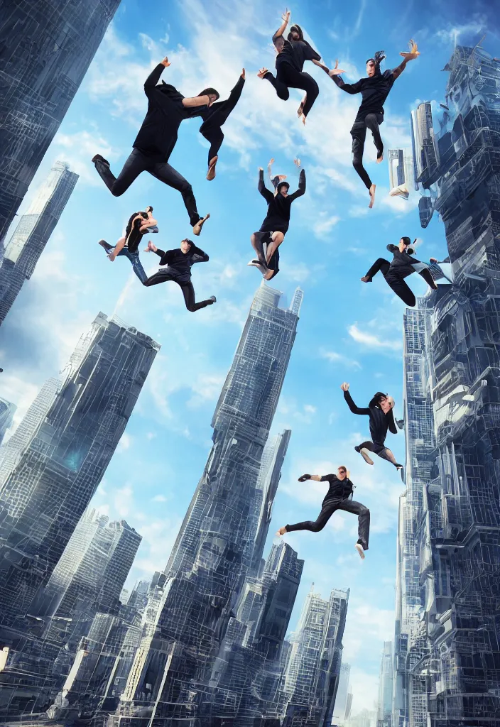 Prompt: multiple people jumping from buildings, futuristic city, street view, detailed, hyper realistic, dramatic