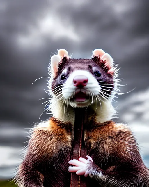 Image similar to ferret love warrior, furry, fantasy, viking, high detailed, hearts, photography, cloudy, lightweight leather armour, scandinavia, plain, detailed face, look into the distance, serious face, full body, in full growth, professional photographer, masterpiece, 5 0 mm, extremely detailed, digital art 8 k