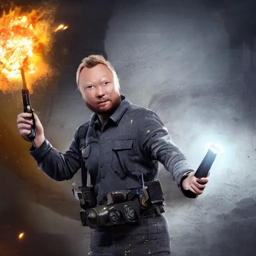 Prompt: limmy brian limond holding element 1 1 5, realistic, wide shot, dramatic lighting, hyper realistic, high quality, highly detailed, hd, beautiful, cinematic, 8 k, unreal engine, facial accuracy, symmetrical,