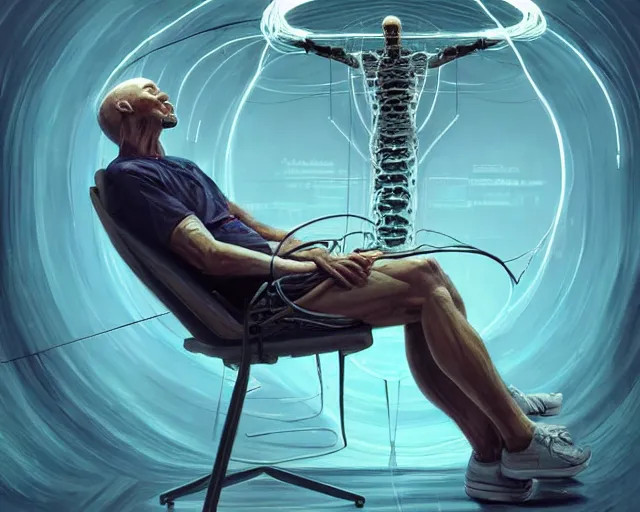 Prompt: a hyperrealistic painting of a human cyborg sitting in a chair with limbs stretched out, tied with electrical cables connected to supercomputers, flood of images flowing from his head, tesseract, vitruvian man, by greg rutkowski, artgerm, and beeple, trending on artstation, concept art, insane details, zoomed out