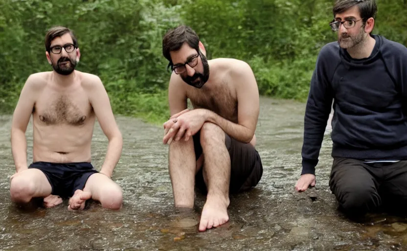 Image similar to Adam buxton and louis theroux have an ice bath, outside, cold, odd, depth of field, photorealistic