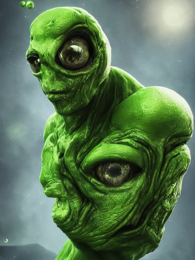 Prompt: selfie of a man, alien with green skin, studio photoshot, 2 eyes, cinematic, cosmic background, high quality, cgsociety, artgerm, 4 k, uhd, 5 0 mm, trending on artstation