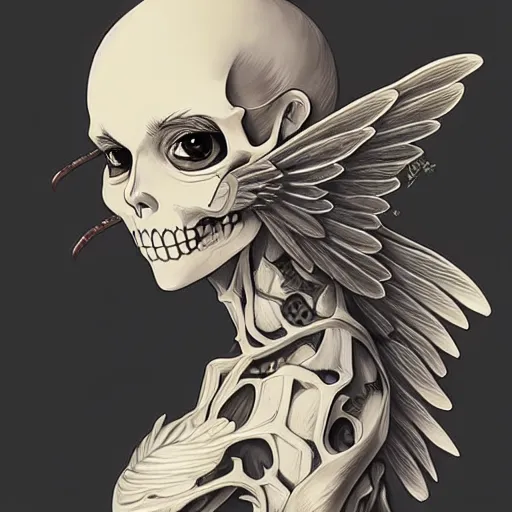 Prompt: anime manga skull portrait young woman skeleton, wings, studio ghibli, intricate, elegant, highly detailed, digital art, ffffound, art by JC Leyendecker and sachin teng