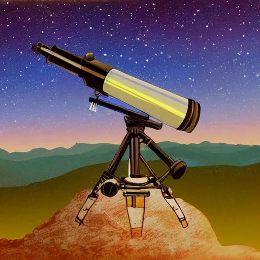 Prompt: a telescope on the summit of a mountain, the night sky filled with stars, digital art, oil on canvas