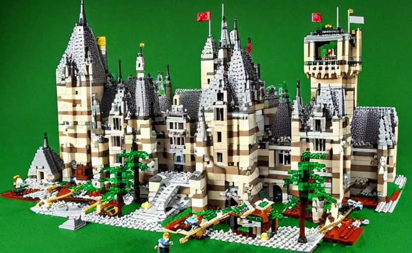 Image similar to a realistic detailed accurate Lego set of a medieval French castle on a forested green hill