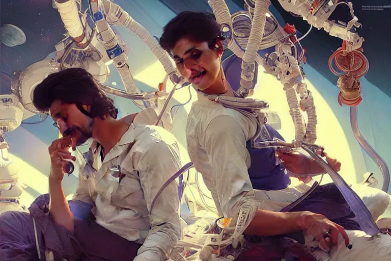 Prompt: Sensual good looking pale young Indian doctors wearing jeans partying in a space station above Earth performing surgery, portrait, elegant, intricate, digital painting, artstation, concept art, smooth, sharp focus, illustration, art by artgerm and greg rutkowski and alphonse mucha