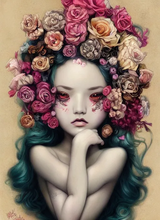 Image similar to pop surrealism, lowbrow art, realistic seductive cute woman painting, long hair, japanese shibari with flowers, hyper realism, muted colours, rococo, natalie shau, loreta lux, tom bagshaw, mark ryden, trevor brown style,