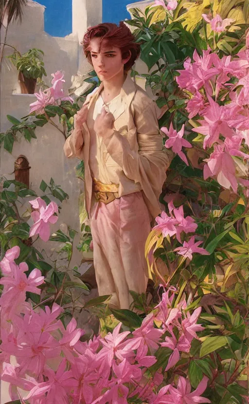 Image similar to androgynous cute pink haired teen boy wearing greek clothes, muted colors, colorful flowers, tropical, sunlight filtering through skin, j. c leyendecker, by alan lee, wlop! illustrated by starember, fantasy art by craig mullins cfg _ scale 8