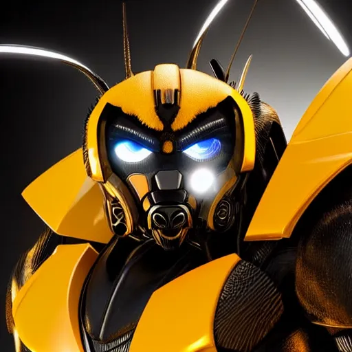 Image similar to still photo of bumblebee with fire eyes, highly detailed, photorealistic portrait, bright studio setting, studio lighting, crisp quality and light reflections, unreal engine 5 quality render