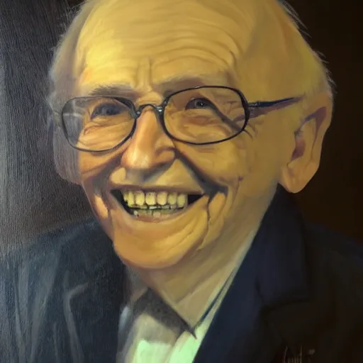 Image similar to painting of a smiling old man with dramatic lighting