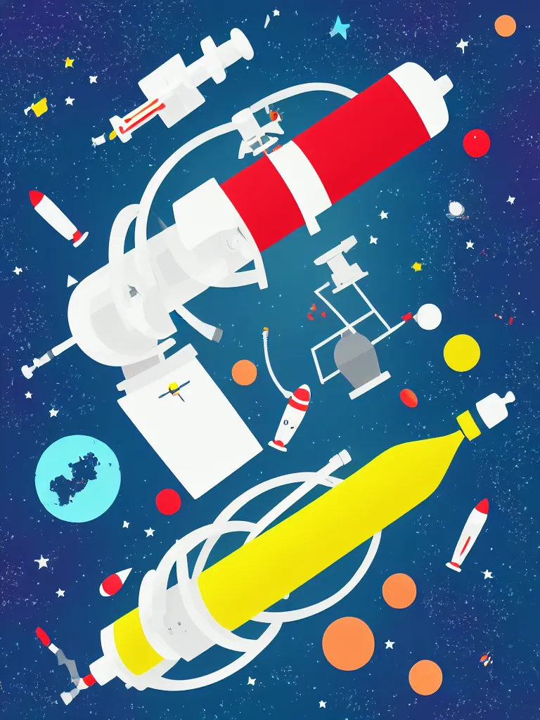 Image similar to editorial illustration scientific lab test tube telescope microscope astronaut spaceship, colorful modern, mads berg
