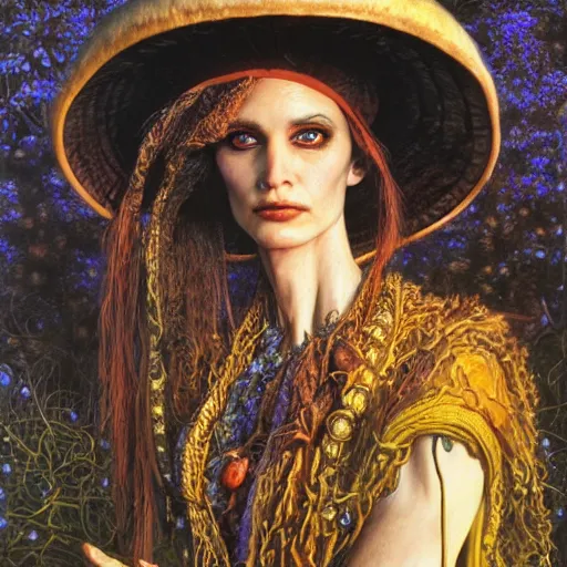 Prompt: portrait of a mushroom priestess, by gerald brom, donato giancola, and berthold woltze.