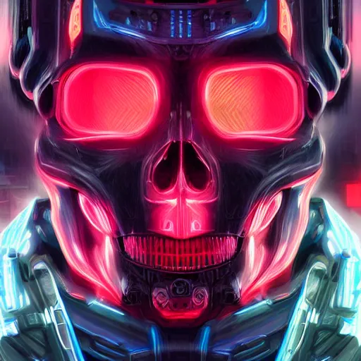 Image similar to full front face centered hyperdetailed portrait of a mecha skull ronin, 8k, digital painting, futuristic, black neon lights, trending on CG society